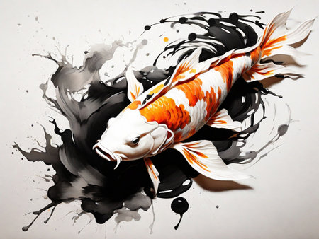 Koi fish in watercolor splashes on a white background.の素材