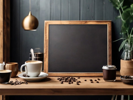 Coffee shop interior with blank chalkboard and coffee beans on wooden shelfの素材
