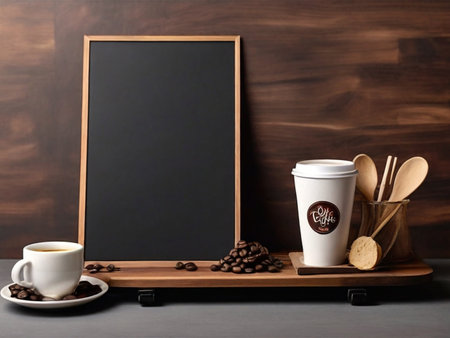Coffee cup and blackboard on wooden background. Coffee shop conceptの素材