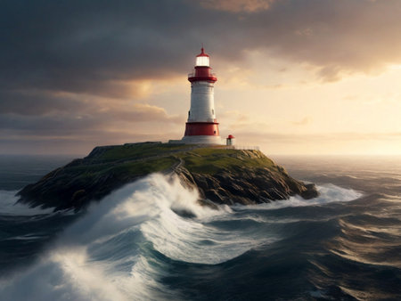Lighthouse in the ocean at sunset, 3d render illustration.の素材