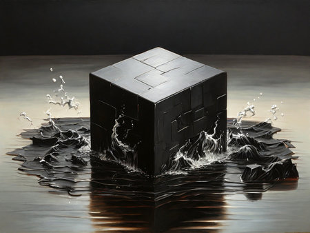 Black cube with splashes of water on a dark background, 3d renderの素材