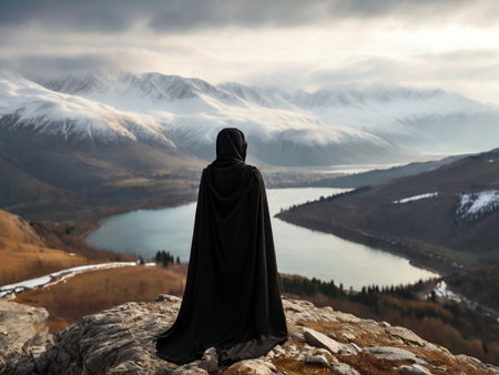 Mysterious woman in black robe and hood standing on top of a mountain and looking at the lakeの素材