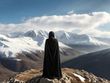 Mysterious woman in black robe on the background of snowy mountainsの素材