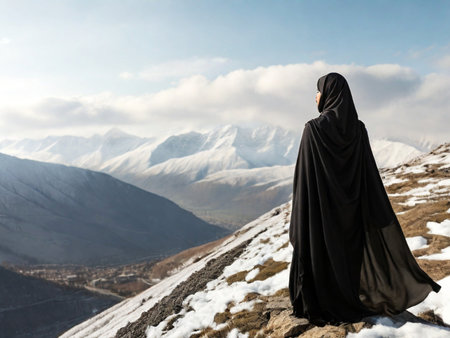 Muslim woman in black hijab standing on top of the mountain and looking at the valleyの素材