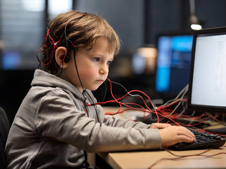 Cute little boy with headphones playing computer games at home. Online education conceptの素材