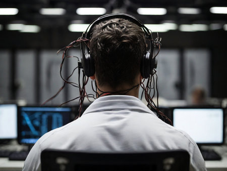 Back view of a man with headphones listening to music in an officeの素材