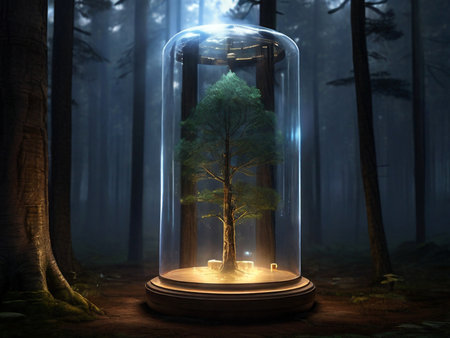 3d illustration of a magical tree in a glass dome in the forestの素材