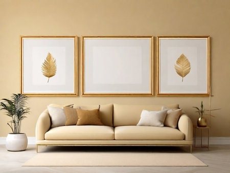 Living room interior with three golden frames on the wall, 3d renderの素材