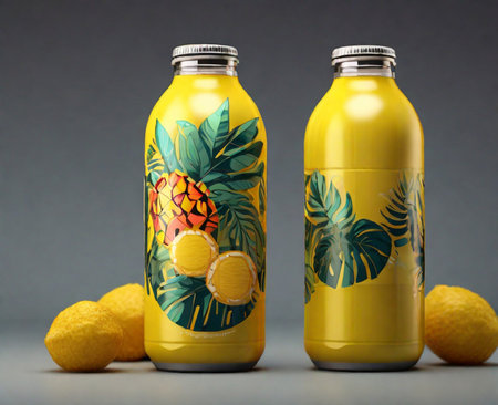 Lemonade bottles with fresh lemons on a gray background.の素材