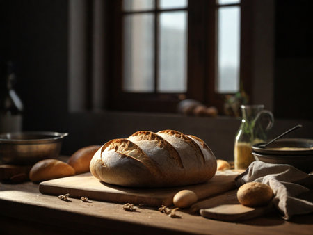 Freshly baked bread on a wooden table in a rustic kitchenの素材