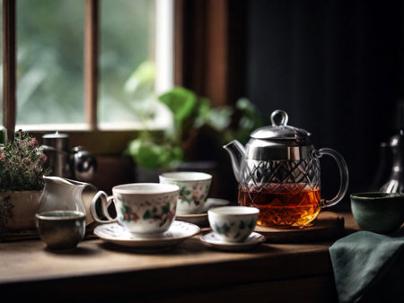 Tea set on a wooden table. Vintage style. Selective focus.の素材