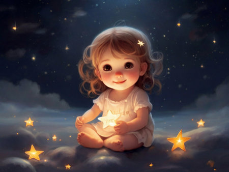 Cute little girl sitting on the moon with stars in the skyの素材