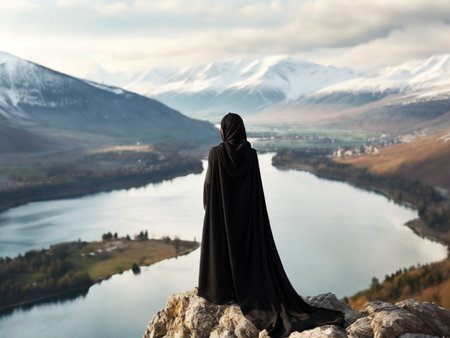 Mysterious woman in black cloak standing on the edge of a cliff and looking at the valley.の素材