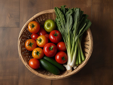 Fresh vegetables in a wicker basket on a wooden table, top viewの素材