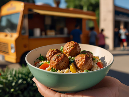 Healthy lunch bowl with falafel balls and couscous in handの素材
