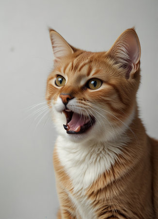 ginger cat yawns on a white background, close-upの素材