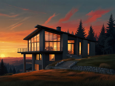 Modern house on top of the mountain at sunset. 3d renderの素材