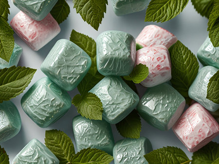 Colorful marshmallows with mint leaves on a white background.の素材