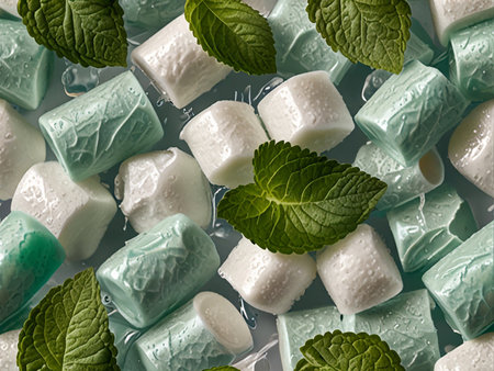 Green and white marshmallows with mint leaves. Top view.の素材