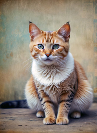 Portrait of a red cat with blue eyes on a brown backgroundの素材