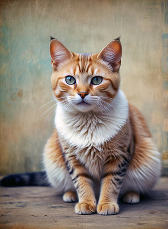 Portrait of a red cat with blue eyes on a brown backgroundの素材