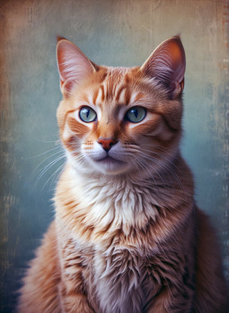Portrait of a beautiful ginger cat with blue eyes on vintage backgroundの素材