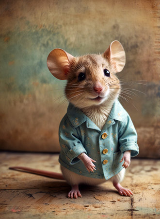 Cute little rat in a shirt on a wooden background. Vintage style.の素材