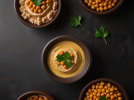 Bowls with tasty hummus and chickpeas on dark backgroundの素材
