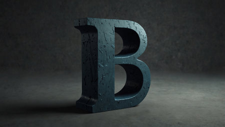Black metal letter B uppercase on concrete background. 3d rendered font.の素材