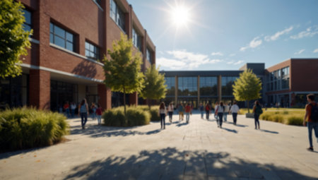 Blurred image of people walking in front of school building. Education conceptの素材