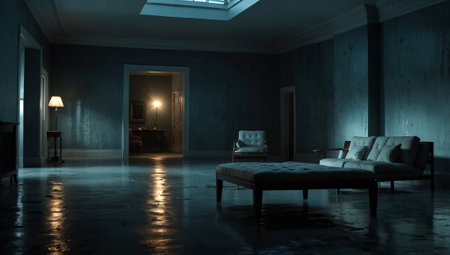 Interior of a dark room with a sofa and a wooden floorの素材