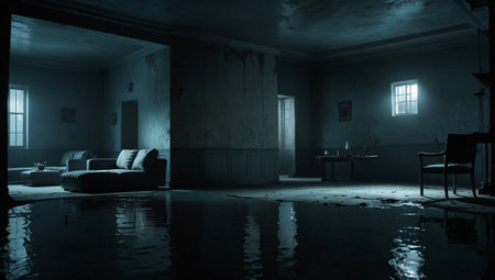 3d rendering of a dark room with a sofa and a windowの素材