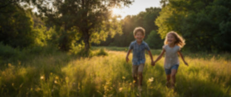 Panoramic image of little boy and girl holding hands and walking in fieldの素材