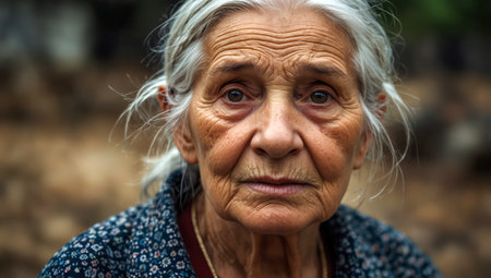 Portrait of an old woman with grey hair in the village.の素材
