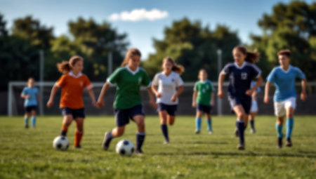 blurred image of children playing soccer on field, focus on ballの素材
