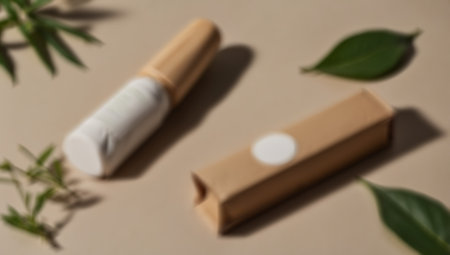 Blurred background of natural cosmetic products with green leaves on beige backgroundの素材