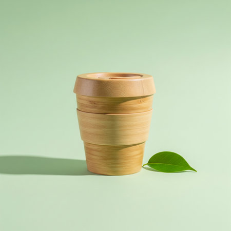 Wooden cup with green leaves on a green background. Zero waste conceptの素材