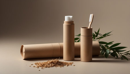Bamboo toothbrushes and eco-friendly packaging on beige backgroundの素材