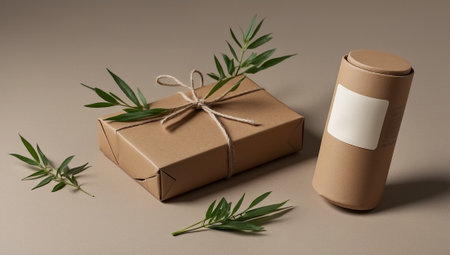 Brown gift box tied with a twine on a beige backgroundの素材