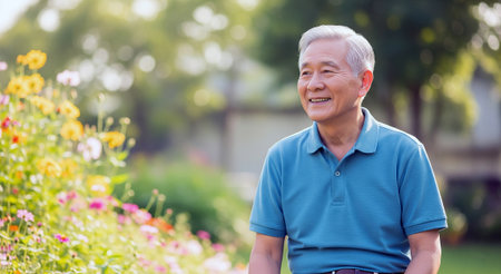 Portrait of asian senior man relaxing in the garden with flower backgroundの素材