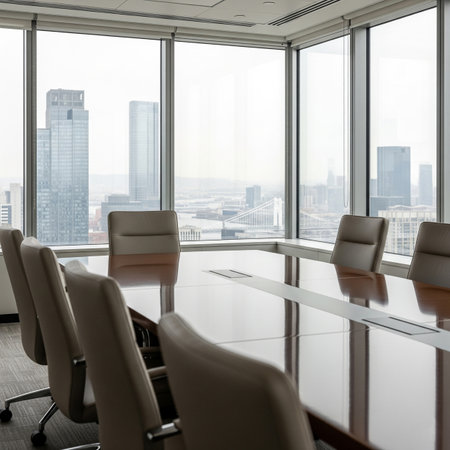 Luxury conference room interior with panoramic city view. 3D Renderingの素材