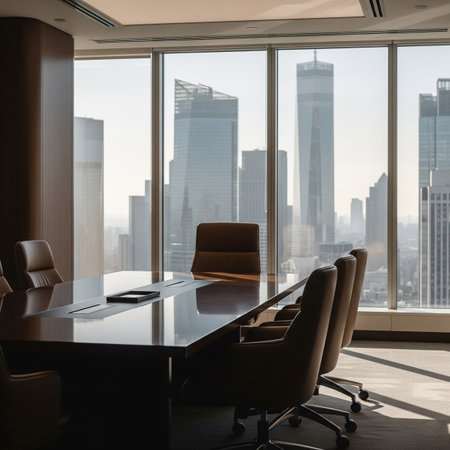 Interior of modern meeting room with panoramic city view. 3D Renderingの素材