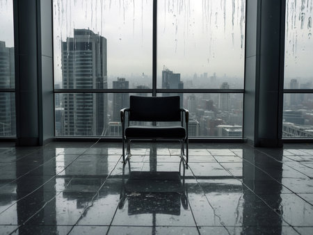 Black chair with raindrops in the window of a modern office buildingの素材