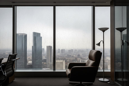 Modern office interior with panoramic window and city view. 3D Renderingの素材