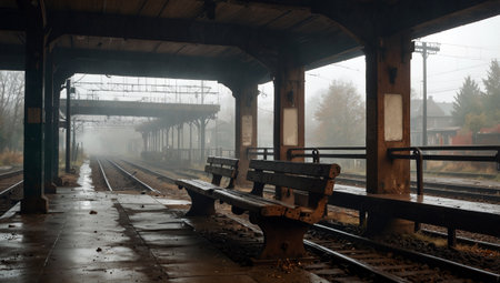 Railway station in foggy day. Railway station in autumn.の素材