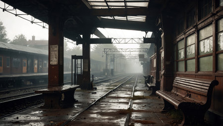 Abandoned train station in a foggy morning. Retro styleの素材