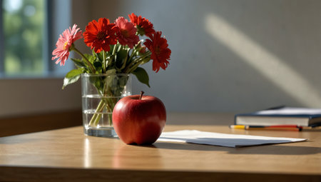 Red apple and flowers on a wooden table with a notebook in the backgroundの素材