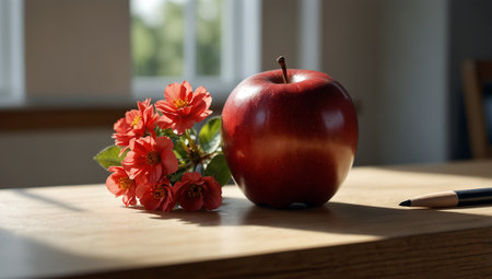 Red apple and pencil on wooden table with flowers in the background.の素材