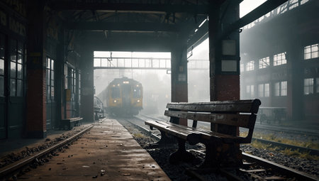 Abandoned train station in the foggy morning. 3d renderingの素材
