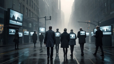 Business people walking in the street and watching TV. 3D renderingの素材